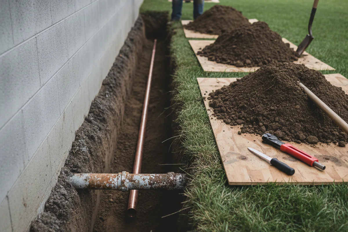 Excavated water line trench during Sewer Line Repair in Cuba